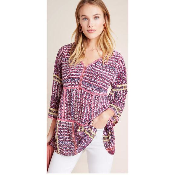 Anthropologie Maeve 100% Silk Tiered V-Neck Cottagecore Boho Floral Tunic Medium - Picture 1 of 8